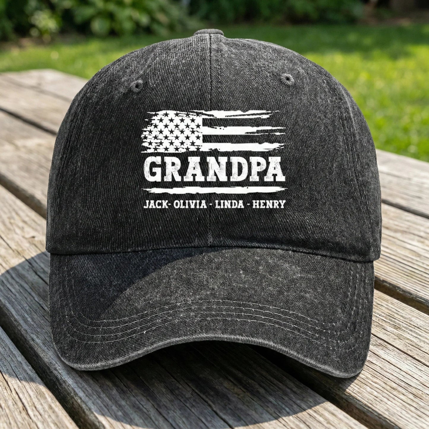 Personalized Washed Denim Baseball Cap with Distressed USA Flag Grandpa Design, Unique Father's Day Gift