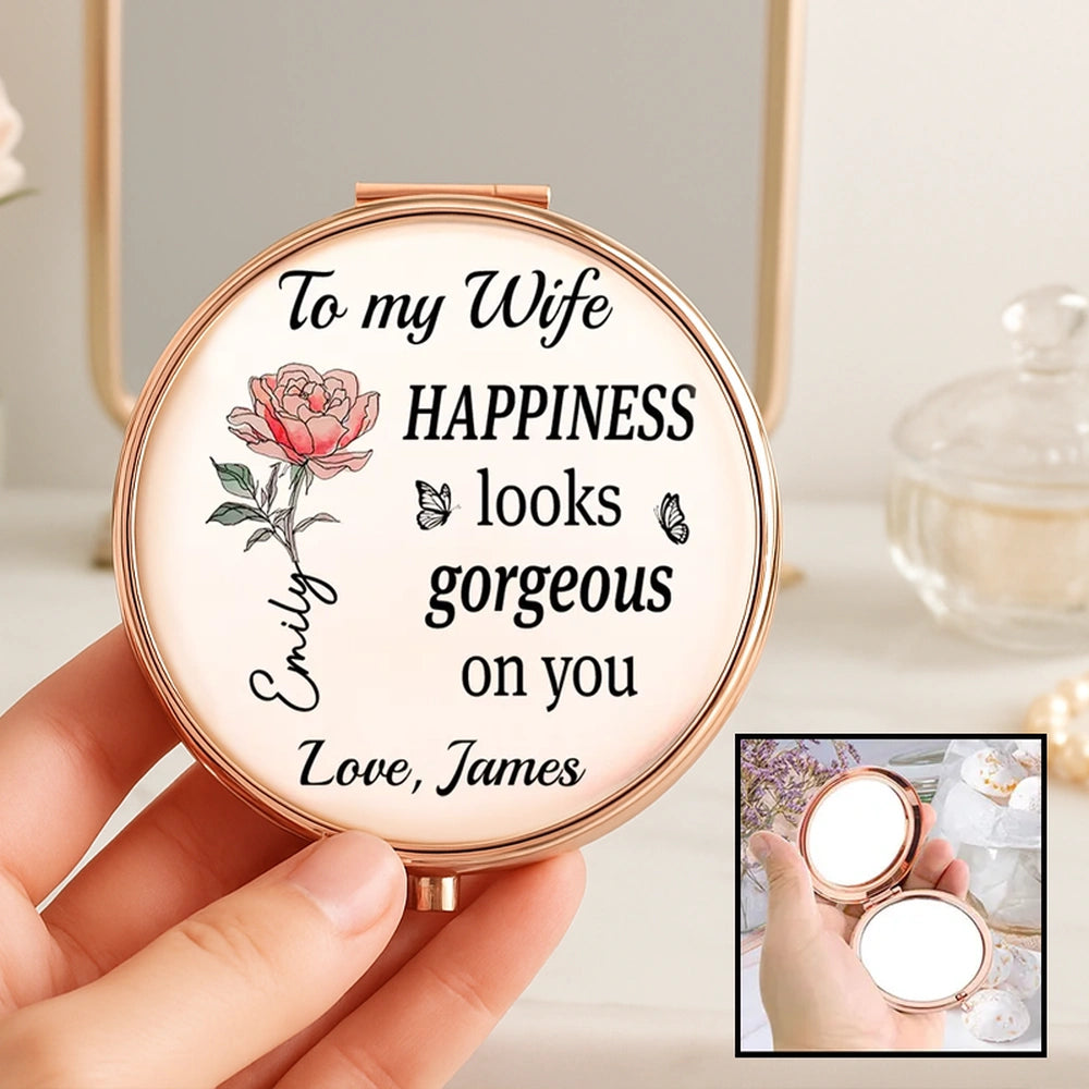 Metal Compact Mirror for Wife, Rose Floral Love Message, Purse Travel Touch-Up, Romantic Unique Gift