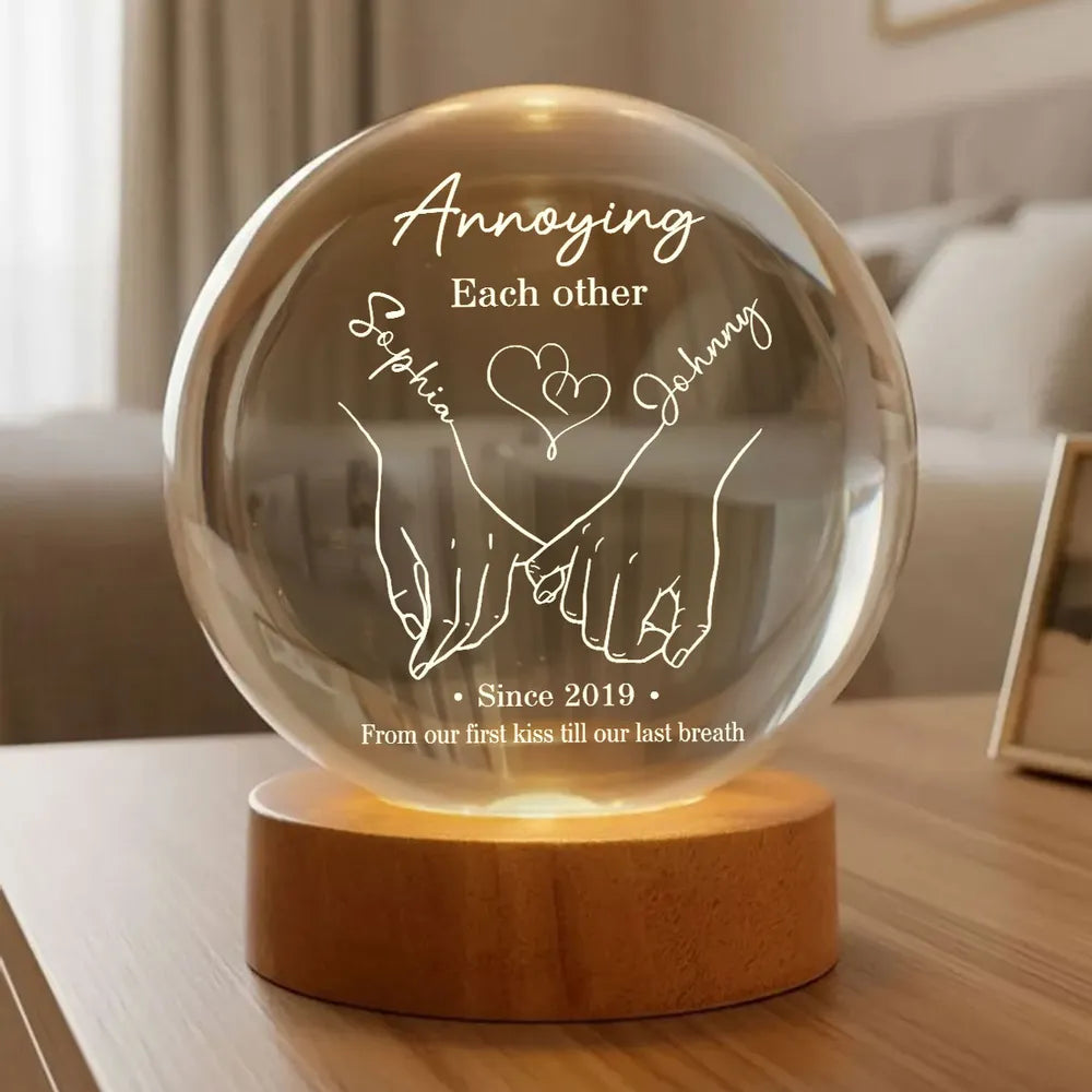 Annoying Each Other Still Going Strong Personalized Crystal Ball LED Night Light, Romantic Warm Glow Holding Hands, Unique Gift for Him or Her
