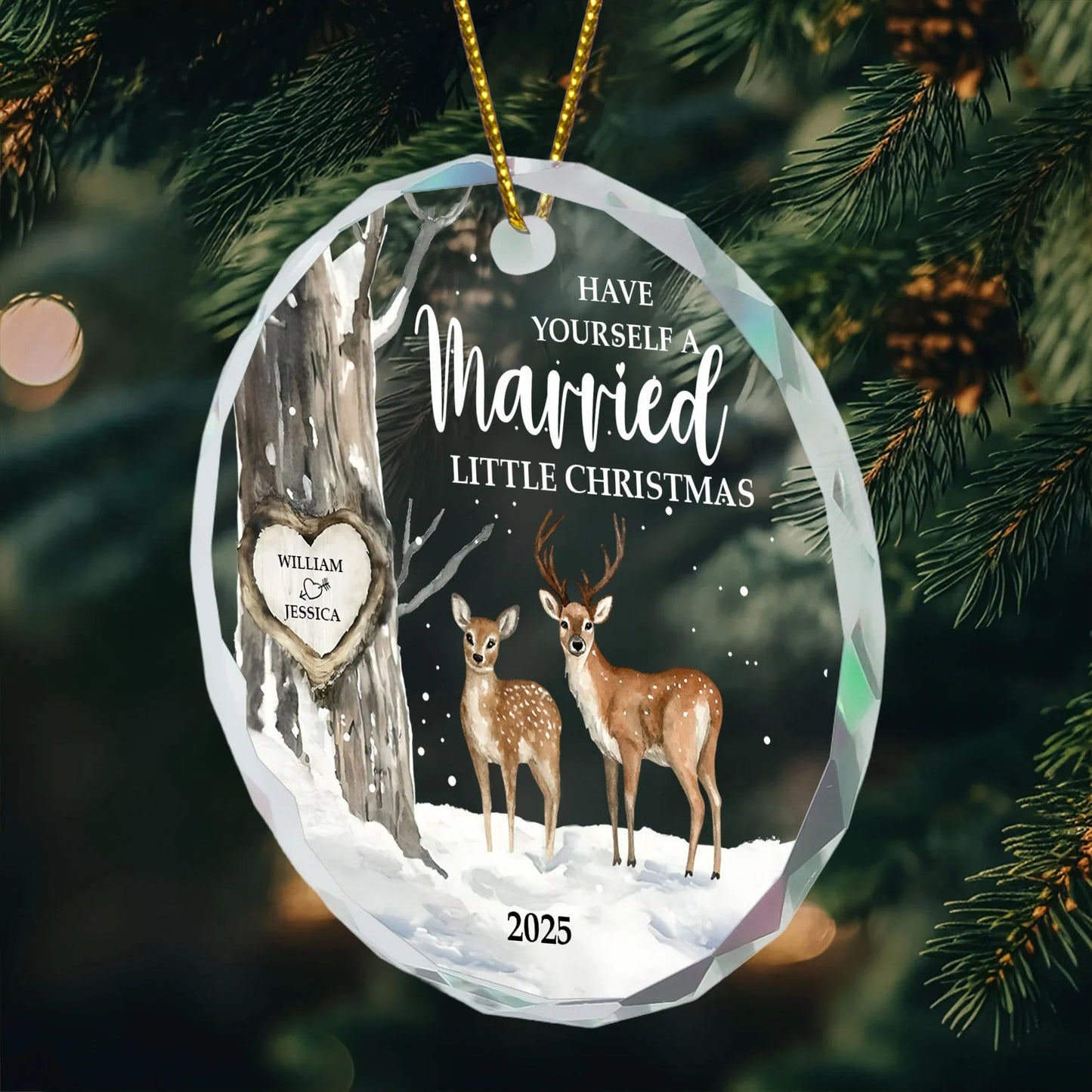 Crystal Ornament with Deer in Snowy Forest, Married Christmas Theme, Heartfelt Holiday Decoration, Perfect Gift for Couples