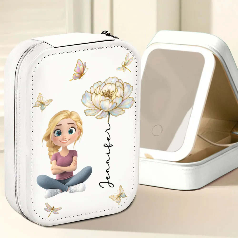Custom Leather LED Makeup Case Jewelry Box with Name & Blooming Flower – Adorable Personalized Gift for Daughter or Best Friend