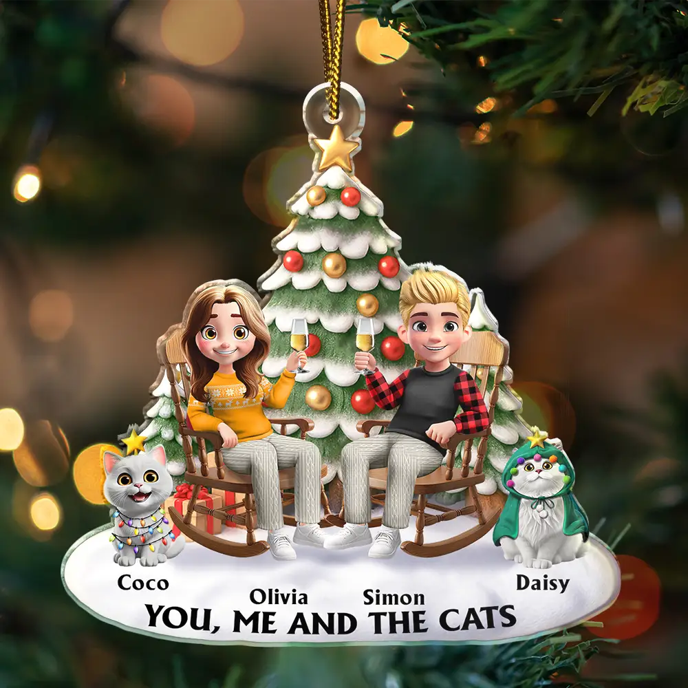Acrylic Ornament featuring a couple and their cat under a festive tree – warm, photo-friendly décor and a perfect gift for cat-loving families