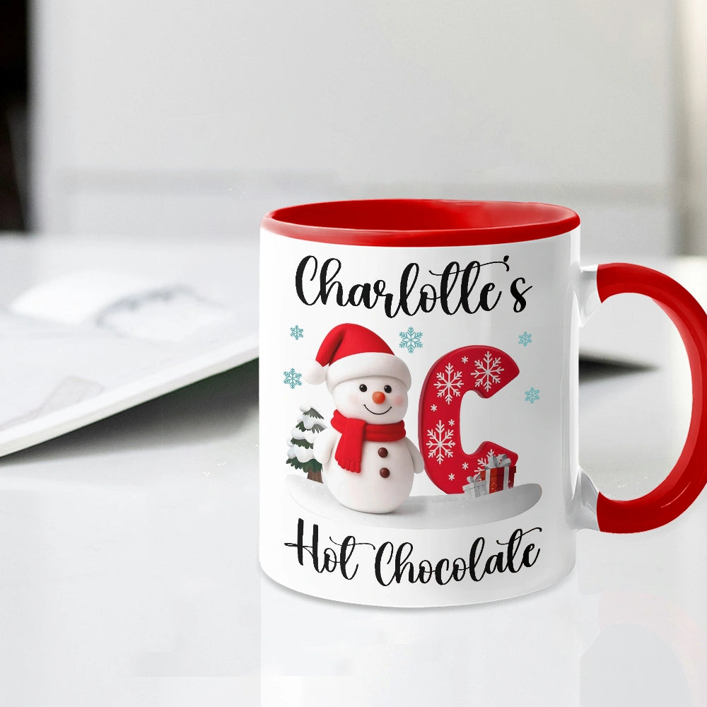 Custom Snowman Initial White Ceramic Mug for Hot Chocolate & Morning Coffee – Festive Personalized Christmas Gift, Fun and Cute Winter Present