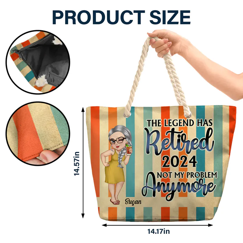 Rope Handle Canvas Bag Personalized for Retirement, Beach Scene Cartoon Woman, Fun 'Not My Problem Anymore' Gift