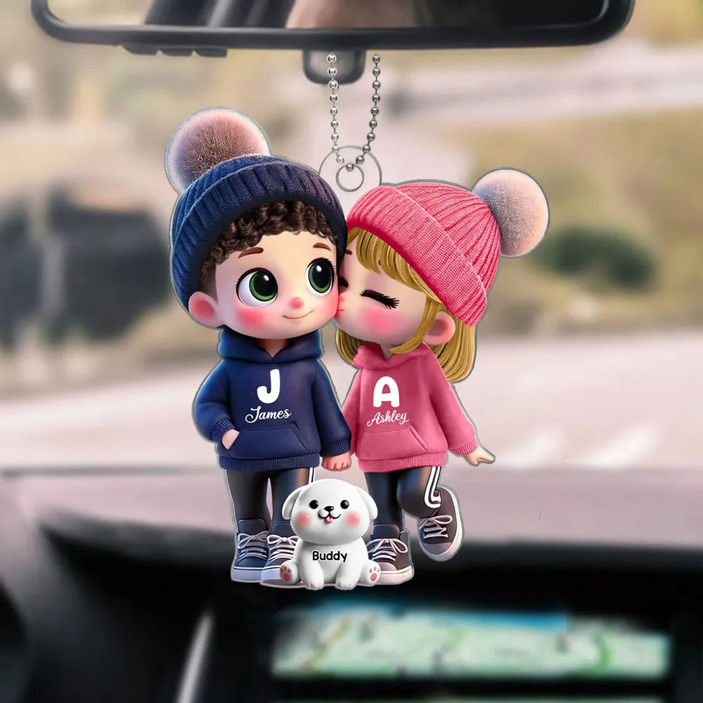 Personalized Acrylic Car Hanger Featuring Kissing Couple & Cute Pet – Thoughtful Gift Idea for Couples & Pet Lovers