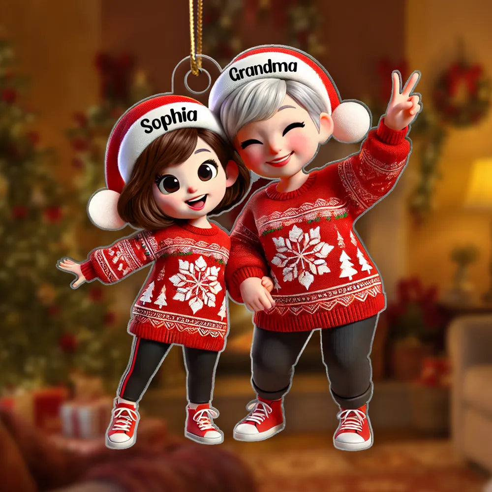 Acrylic Ornament with Grandma & Grandchild Christmas Theme, Festive Red Sweater Design, Perfect Family Gift Keepsake