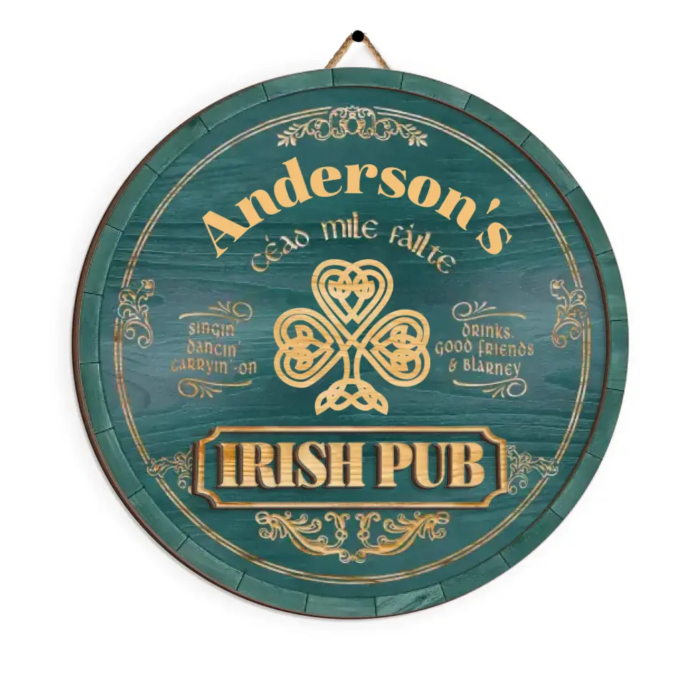 Personalized Irish Pub Clover Wooden Sign Round Green Bar Decor With Celtic Style Lettering Unique St. Patrick's Day Gift