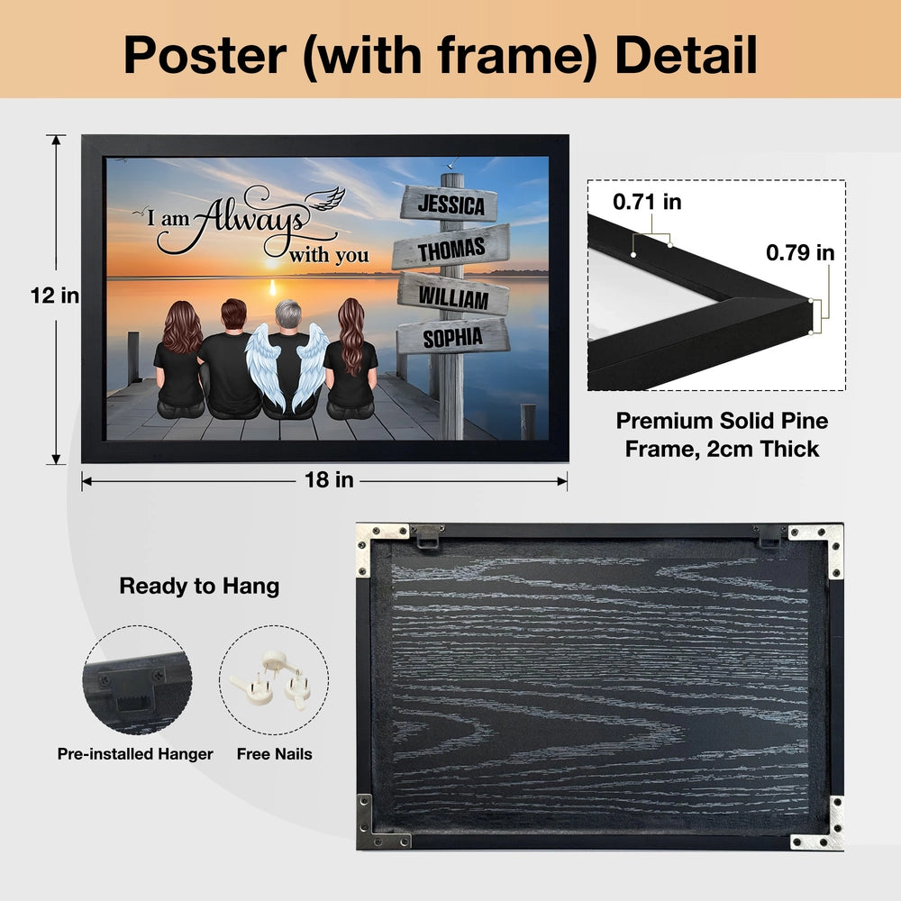 “I Am Always With You” Memorial Poster – Custom Family & Angel Wings, Sunset Dock Scene
