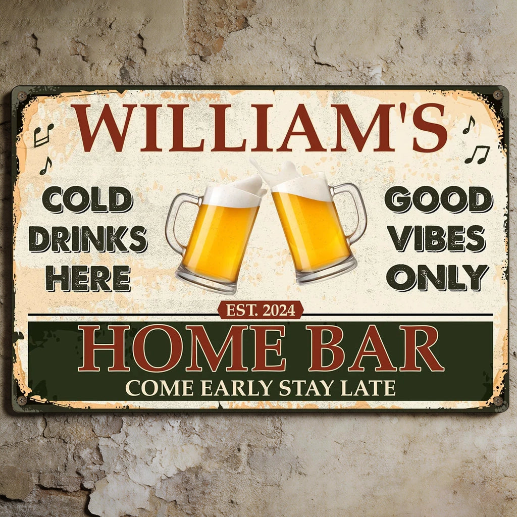Personalized Home Bar Rectangular Iron Sign with Clinking Beer Mugs - Cold Drinks Here, Unique Gift for Dad