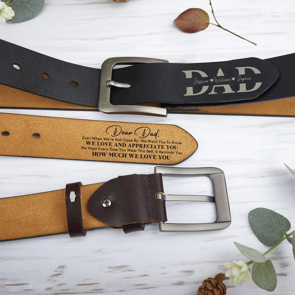 “Dear Dad” Personalized Belt – We Love & Appreciate You, Adjustable Brown Leather