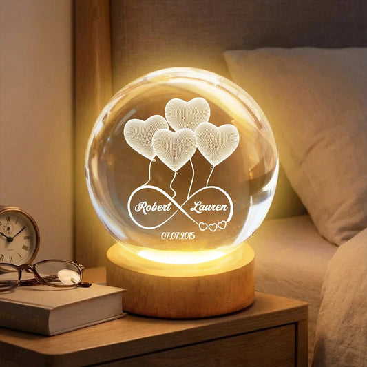 Personalized Crystal Ball LED Night Light Infinity Heart Balloon Couple Night Light, Romantic Bedroom Decor, Unique Gift for Her or Him