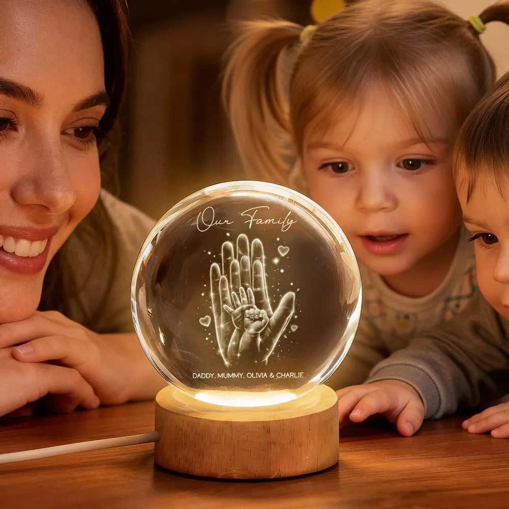 Personalized Crystal Ball LED Night Light with Family Handprint Glow, Cozy Nightstand Decor, Unique Gift for Mom & Dad