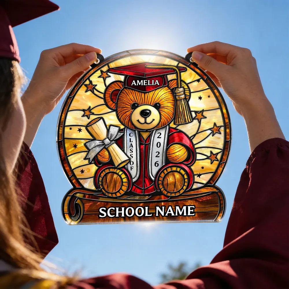 Stained Glass Style Graduation Teddy Bear Acrylic Suncatcher Ornament, Sweet Window Keepsake Gift for a Proud Grad