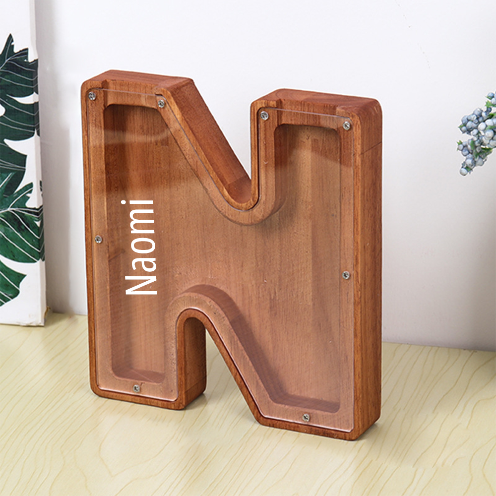 Custom Initial And Name - Personalized Letter And Name Brown Wooden Piggy Bank