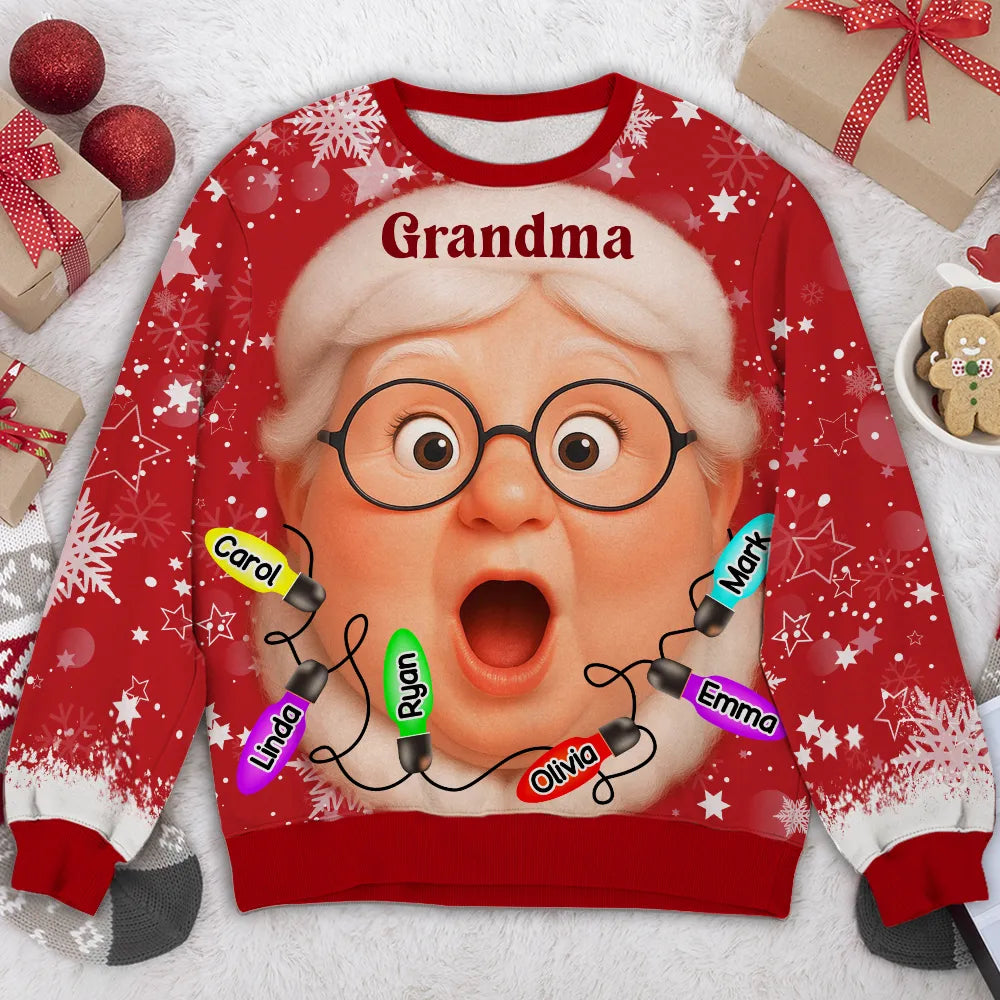 Custom Grandma Printed Sweatshirt with Cartoon Face & Holiday Lights, Festive Family Christmas Gift Idea