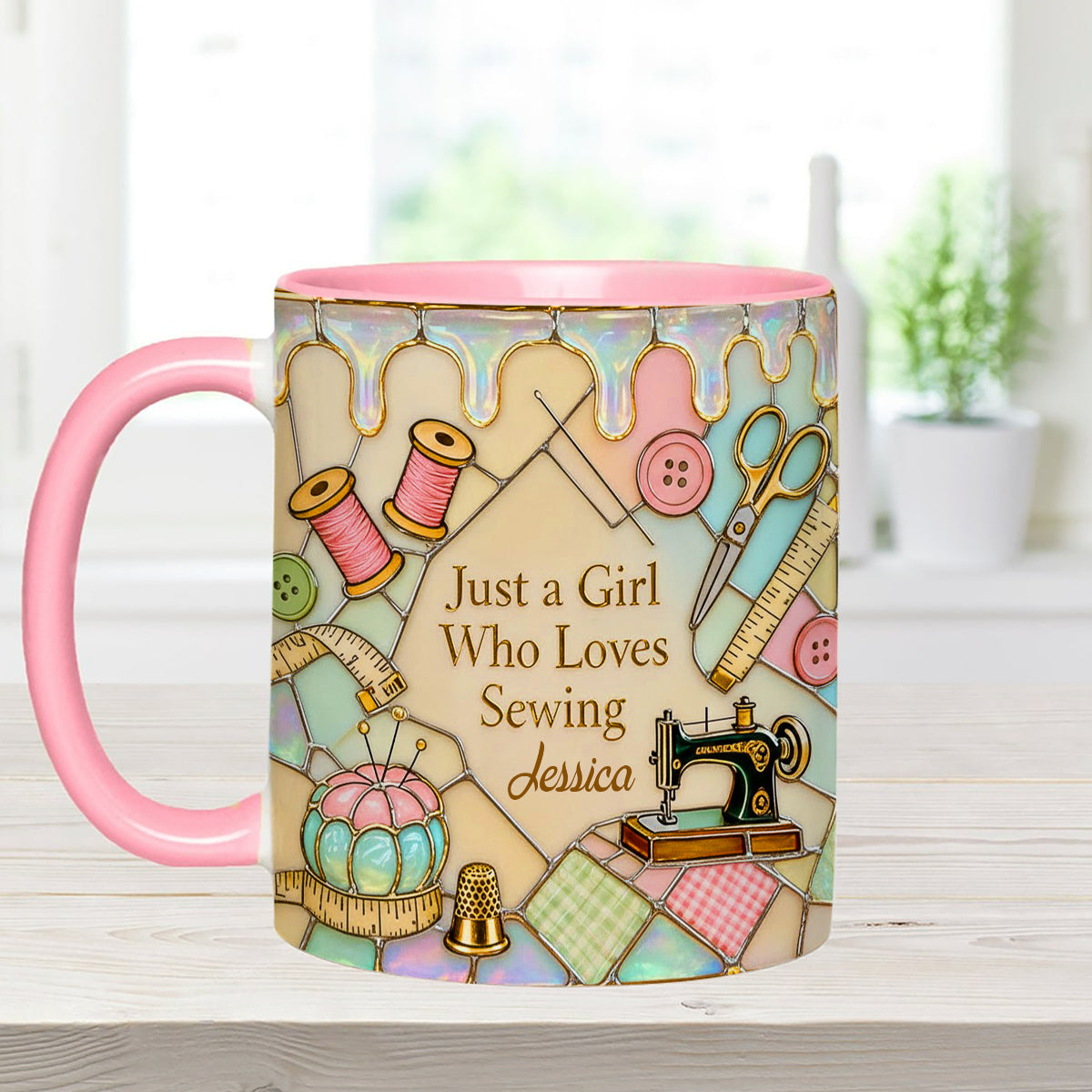Just A Girl Who Loves Sewing - Personalized Sewing Set Accent Mug with Acrylic Stirrers