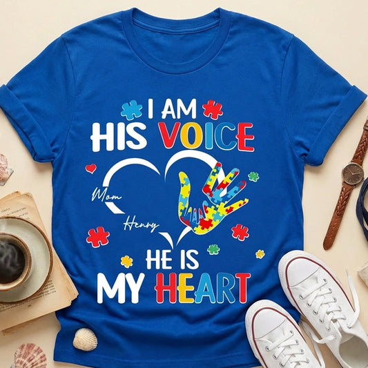 Personalized Autism Awareness Classic Tee I Am His Voice He Is My Heart Puzzle Hand Unique Gift for Mom