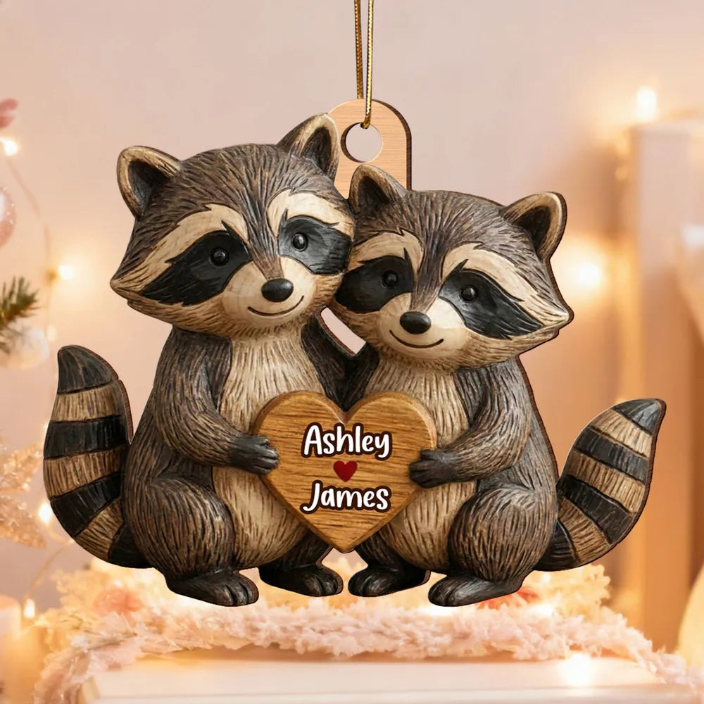 Wooden Ornament with Personalized Name Look, Adorable Animal Couple Hugging with Heart, Sweet Holiday Gift