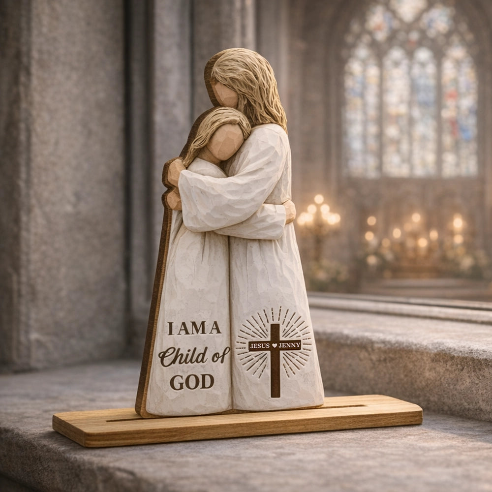 Personalized 2-Layer Wooden Plaque, I Am A Child of God Hugging Figure, Unique Christian Gift for Her, Warm Faith Decor