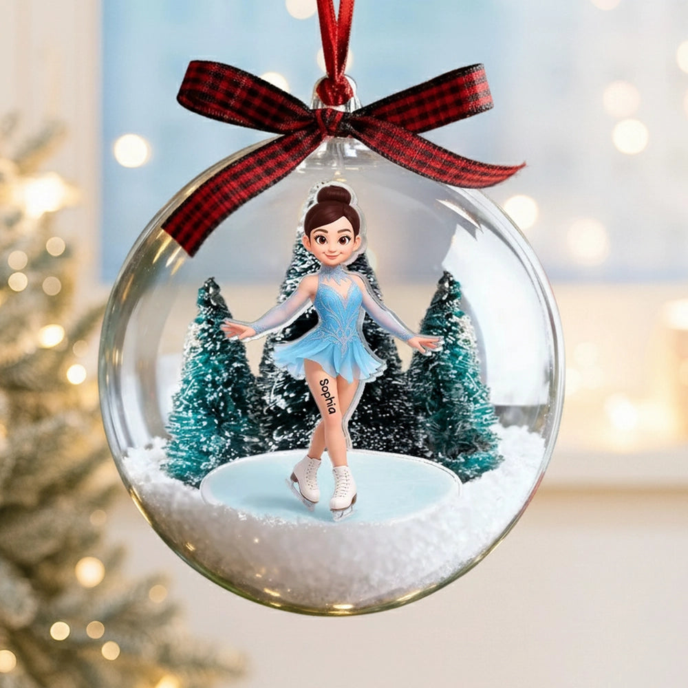 Snow Globe Ornament with 3D Christmas Trees & Figure Skater - Unique Gift for Daughters or Granddaughters