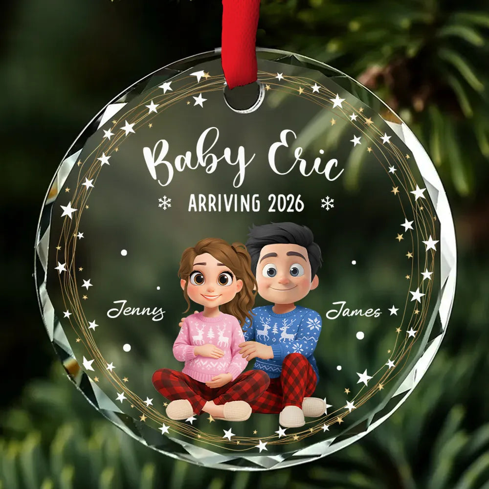 Crystal Ornament for Baby Announcement with cute couple illustration, heartwarming keepsake and perfect family gift