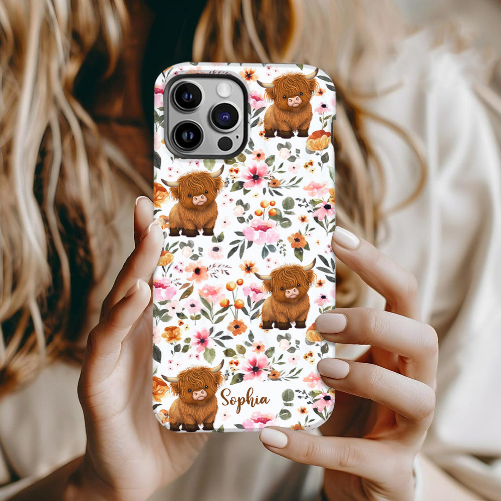 Floral Highland Cow - Personalized Highland Cow Full Print Phone Case