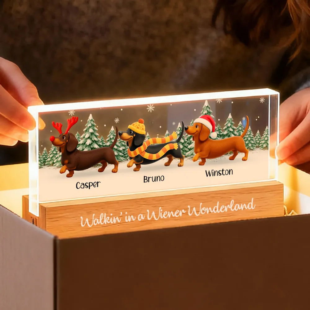 Personalized LED Light Plaque, Festive Dachshunds, Warm Glow, Snowy Christmas Scene, Creative Gift for Dog Lovers