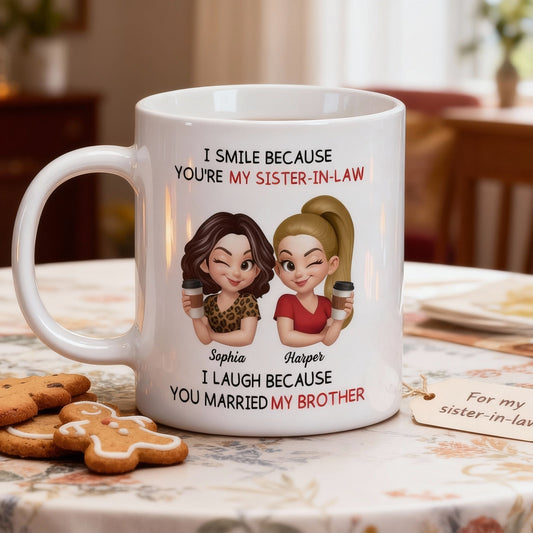 Sister-in-Law Mug with Cute Cartoon Art, playful coffee joke, cozy morning sips, a unique gift for your sister-in-law