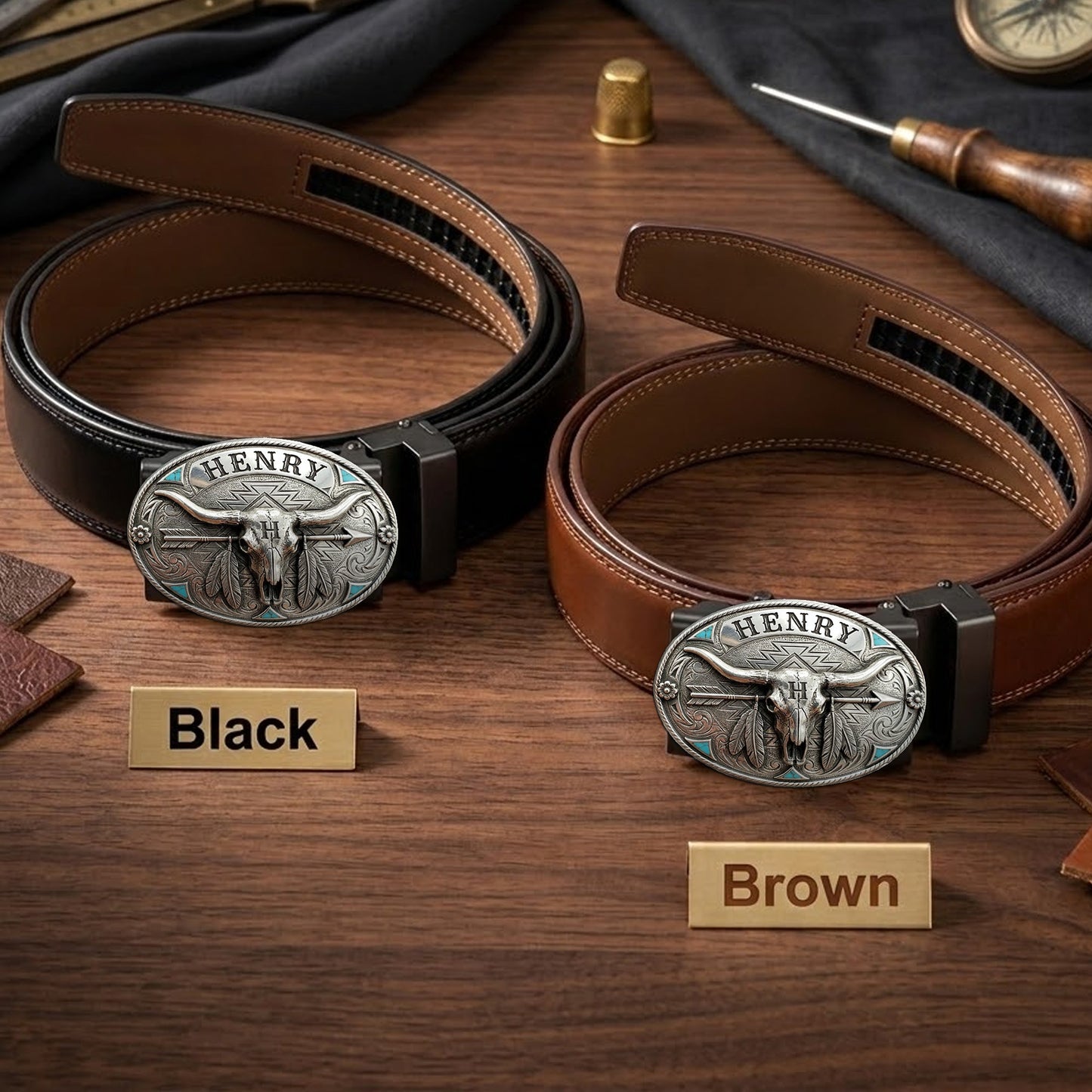 Custom Initial Western Spirit - Personalized Western Outfit Leather Belt With Shaped Buckle