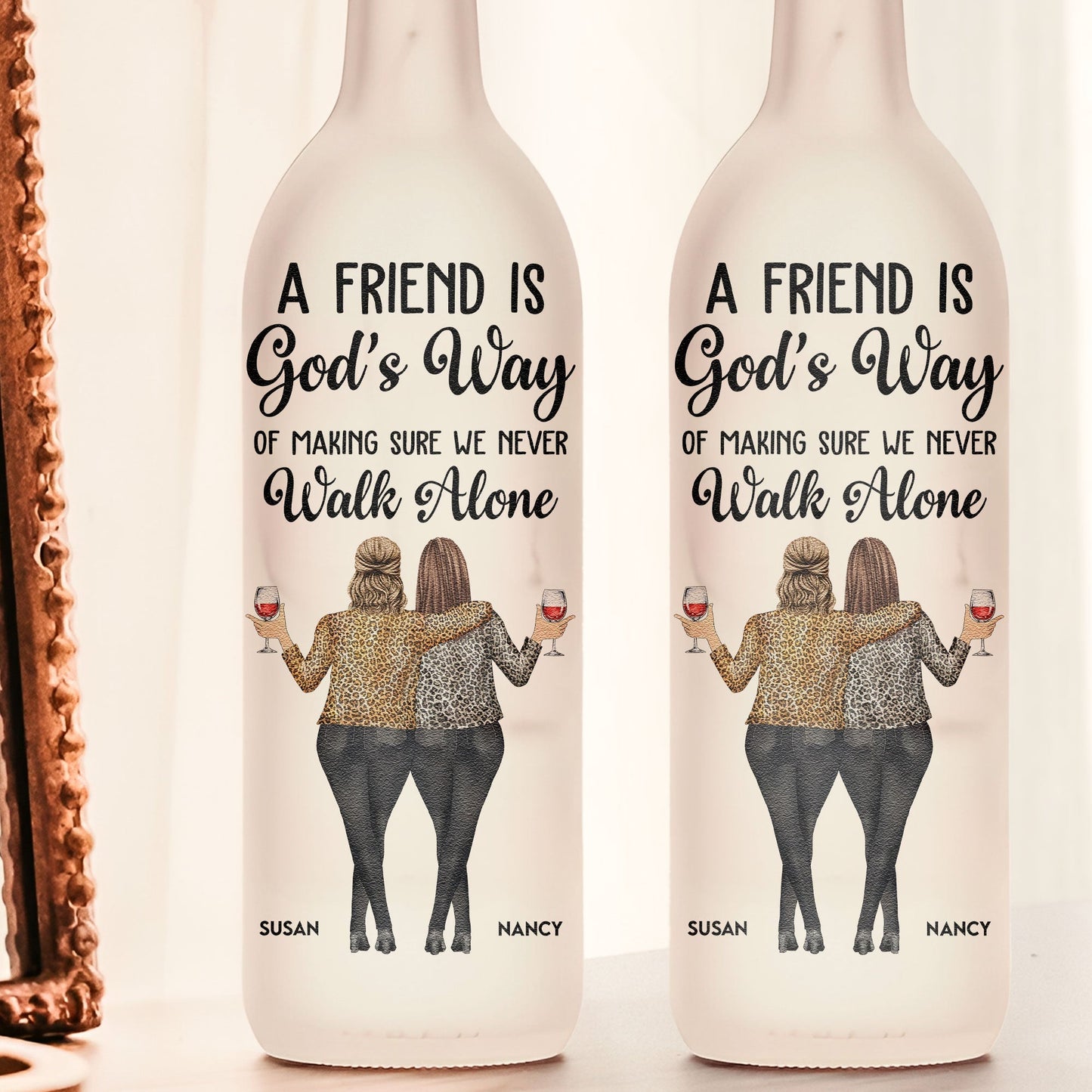 “A Friend Is God’s Way” Bottle Lamp, Glowing Personalized Gift for Best Friends & Sisters