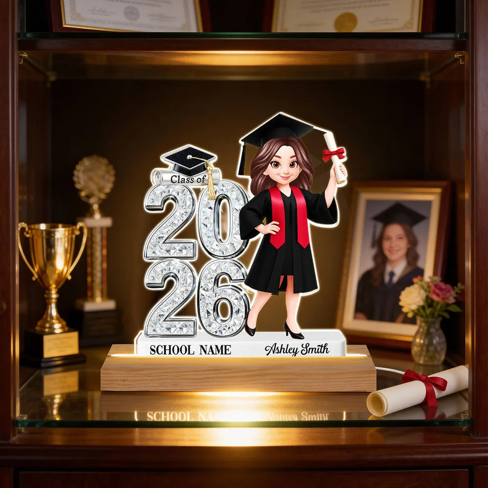 Personalized Block LED Light Plaque Graduation Night Light with Graduate Girl Holding Diploma, Warm Glow Unique Gift