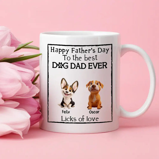 Happy Father’s Day Mug – Cartoon Dogs Sitting Together with Licks of Love – Personalized Gift for Dog Dads