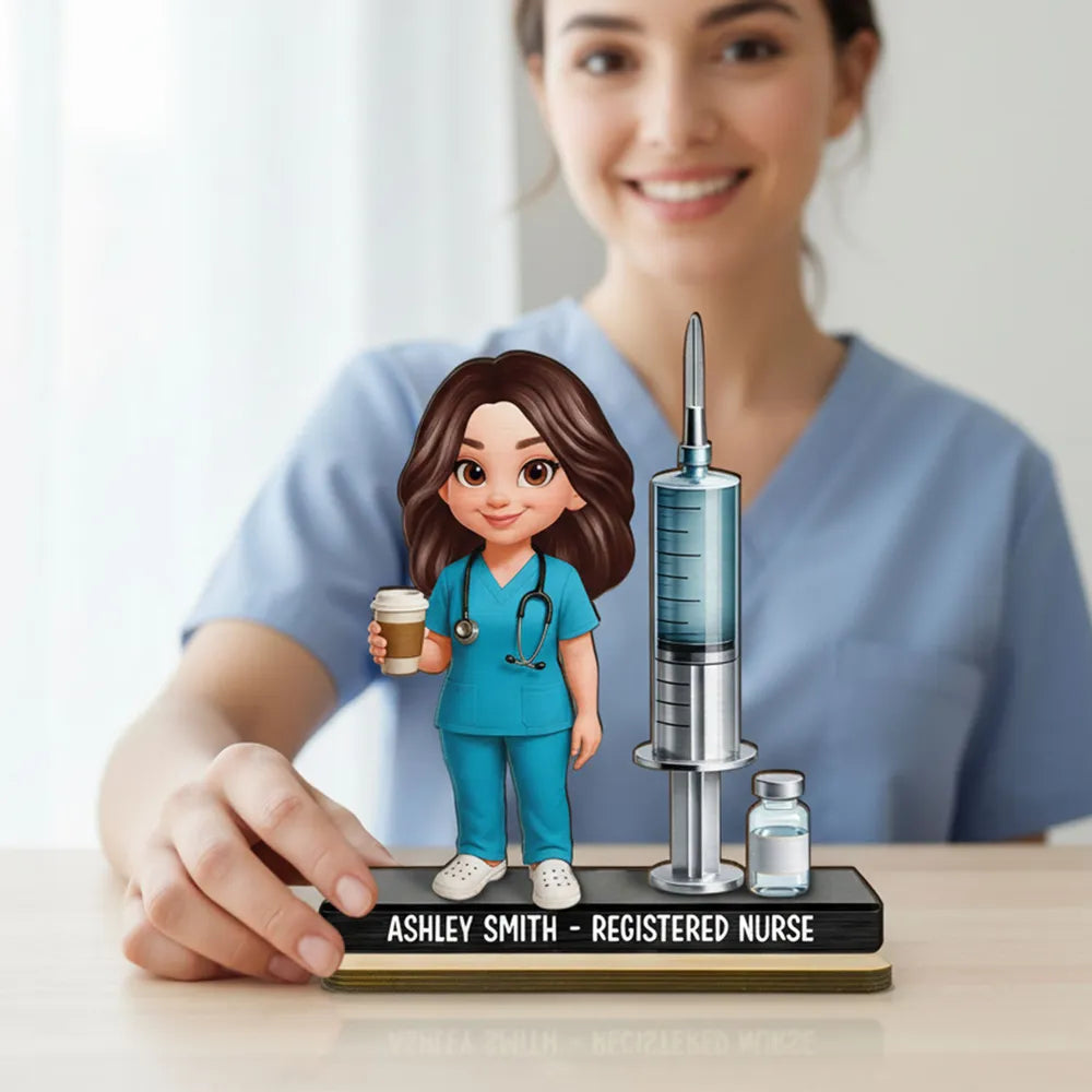 Personalized 2-Layer Wooden Plaque Nurse Figurine with Scrubs & Stethoscope - Unique Gift for Nurses
