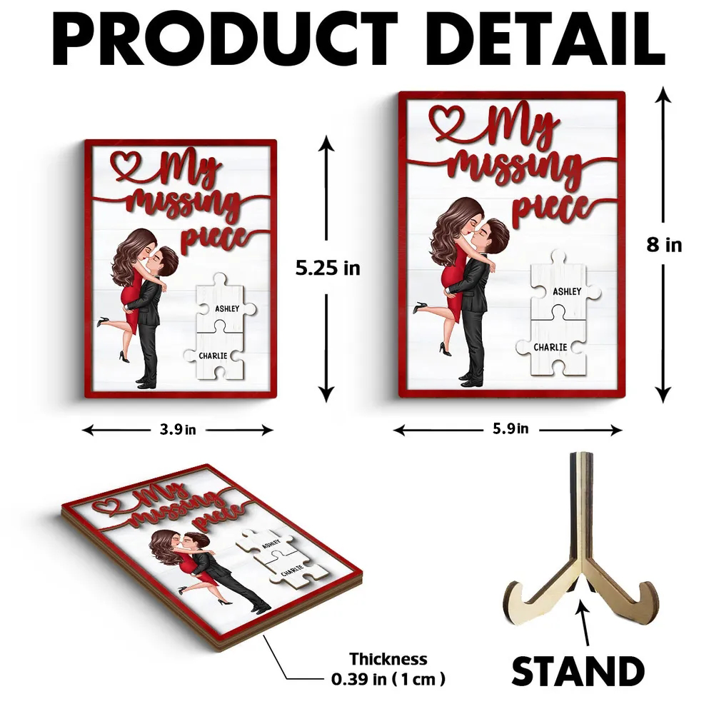 Embrace of Love - 'My Missing Piece' Personalized 2-Layer Wooden Plaque with Hugging & Kissing Couple - Ideal Valentine's & Anniversary Gift for Him & Her