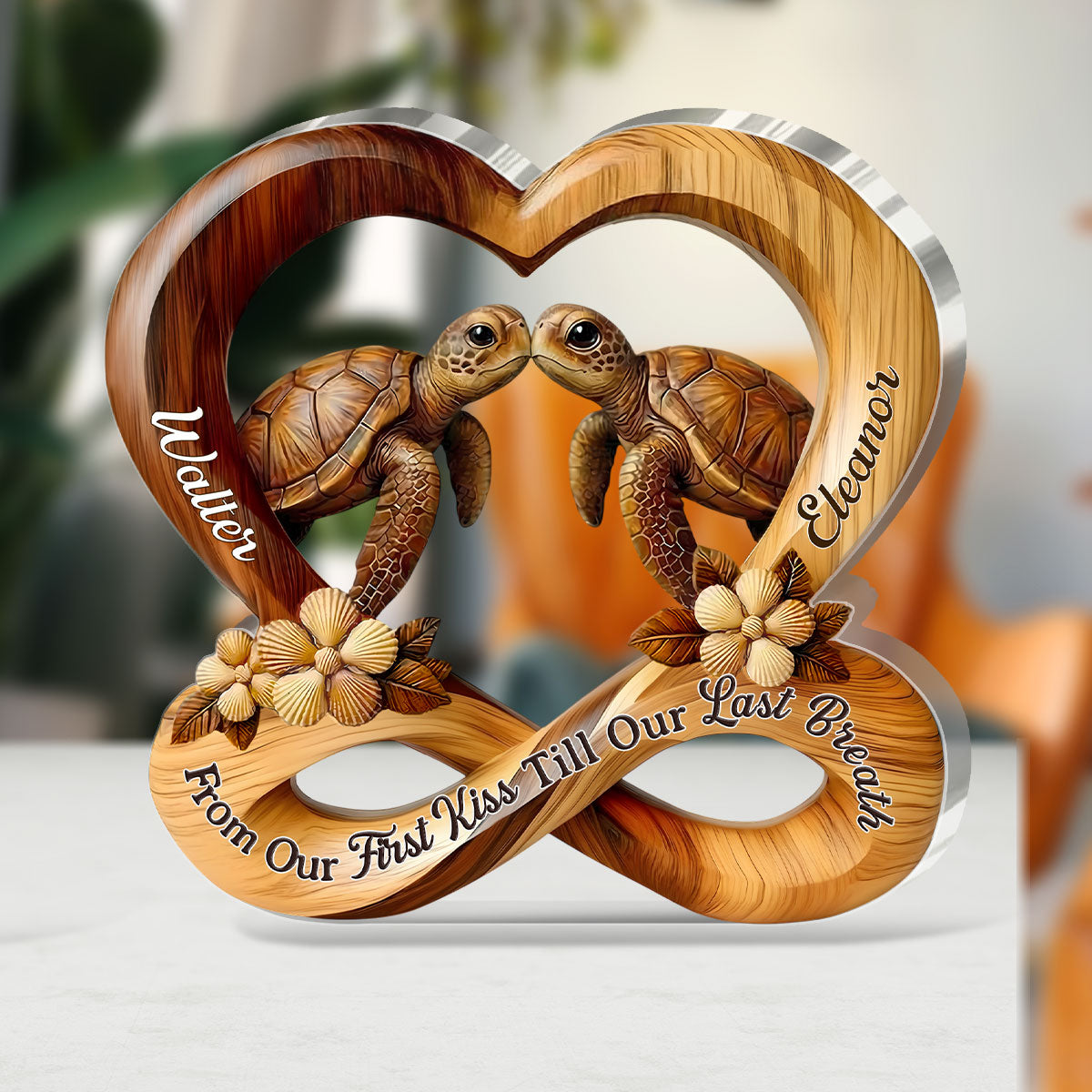 Personalized Shaped Acrylic Block Plaque Turtle Kiss in Heart Infinity Design - Unique Romantic Gift for Couples