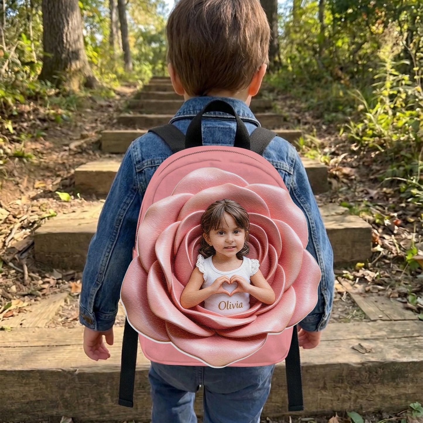 Custom From Photo And Flower - Personalized Kid Changeable Leather Patch Backpack