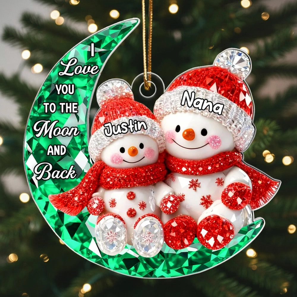 Personalized Acrylic Ornament for Grandma & Grandkid on Moon – Sparkling Snowman Design, I Love You to the Moon and Back, Unique Christmas Gift