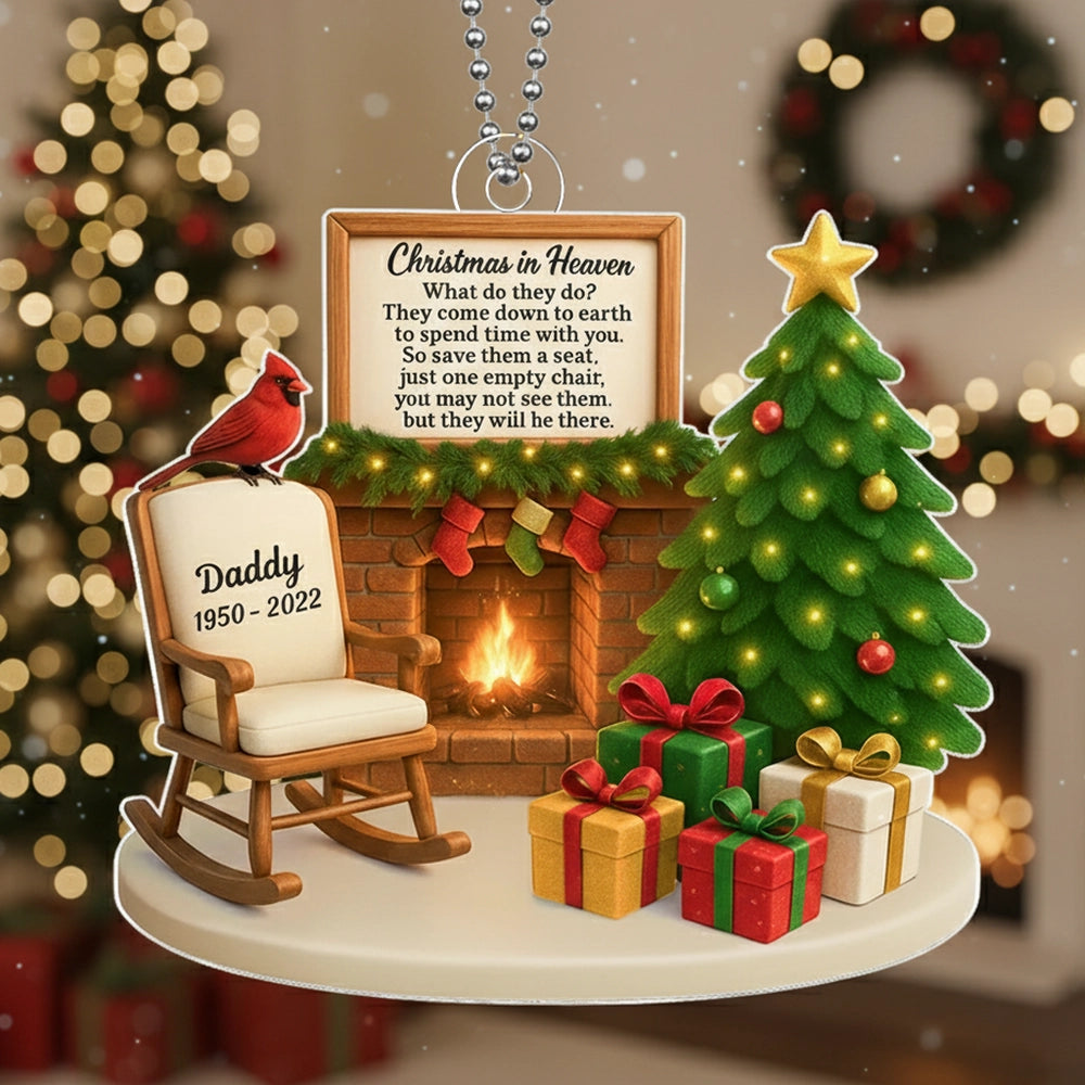 Memorial Acrylic Ornament featuring Christmas tree & fireplace, comforting remembrance décor, thoughtful gift for loved ones
