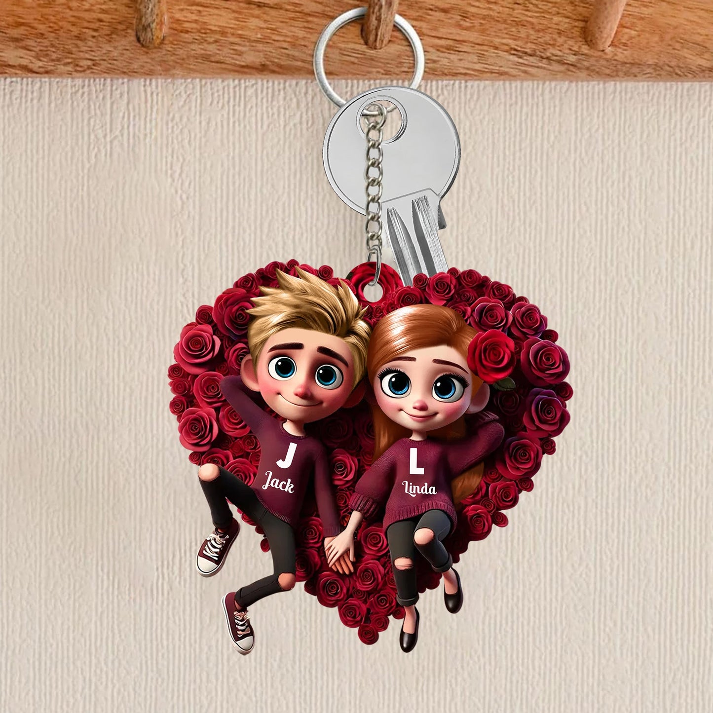 Romantic Rose Heart Couple Keychain - Personalized Valentine's Day Gift