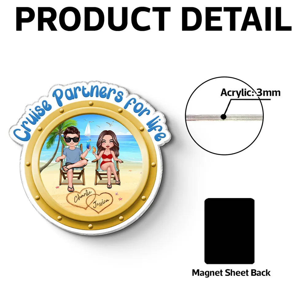 Personalized Acrylic Fridge Magnet Cruise Partners For Life Beach Couple Sitting Scene - Unique Couple Gift