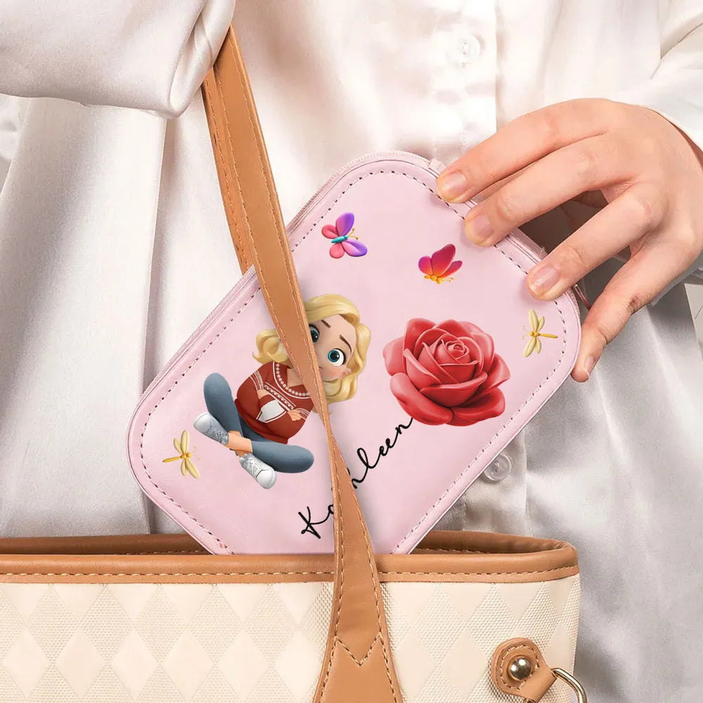 Personalized Leather LED Makeup Case with Cartoon Girl & Rose – Cute Custom Gift for Girls and Teens