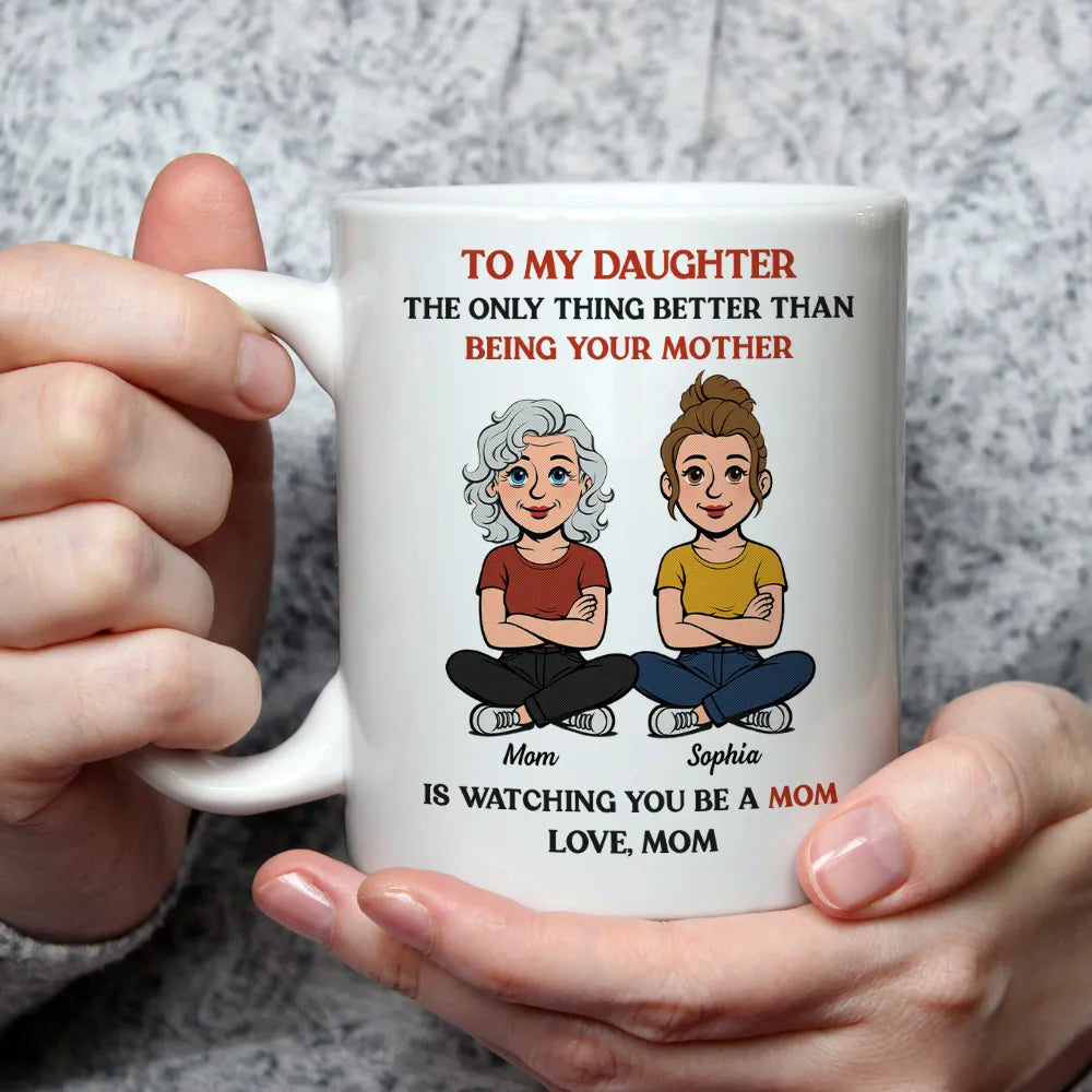 Personalized Mother-Daughter Cartoon White Ceramic Mug, Custom Names Look, Unique Mother's Day Gift for Mom