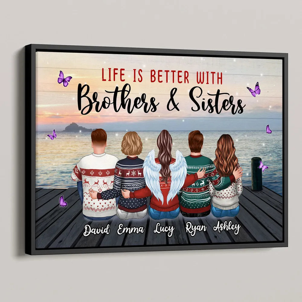 Personalized Brothers & Sisters Sunset Dock Poster, Sitting Siblings Wall Art, Unique Gift for Family