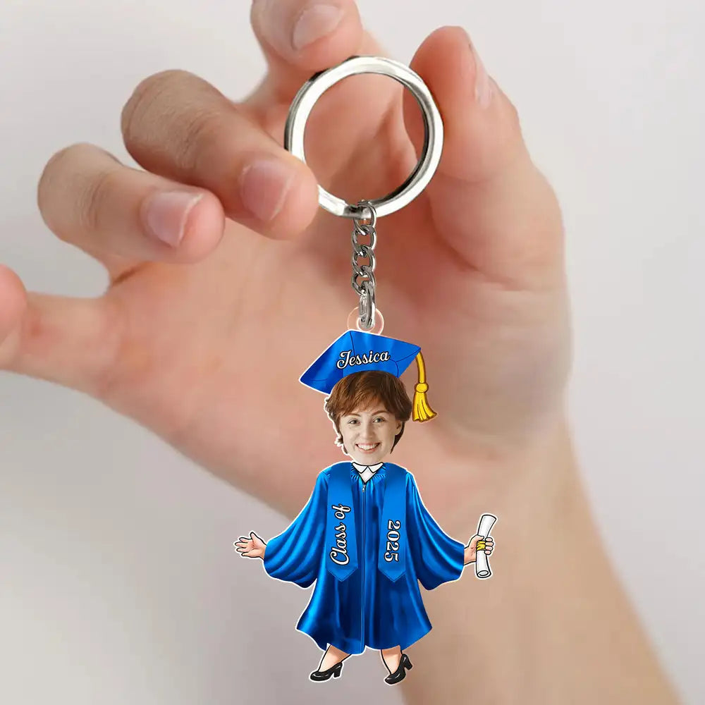 Custom Graduation Face-Cutout Acrylic Keychain – Cap, Gown & Diploma, Funny Keepsake Gift for the New Grad