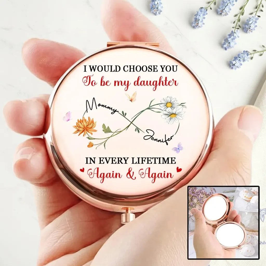 Personalized Metal Compact Mirror with Mother Daughter Quote and Floral Butterflies - Unique Gift for Daughter