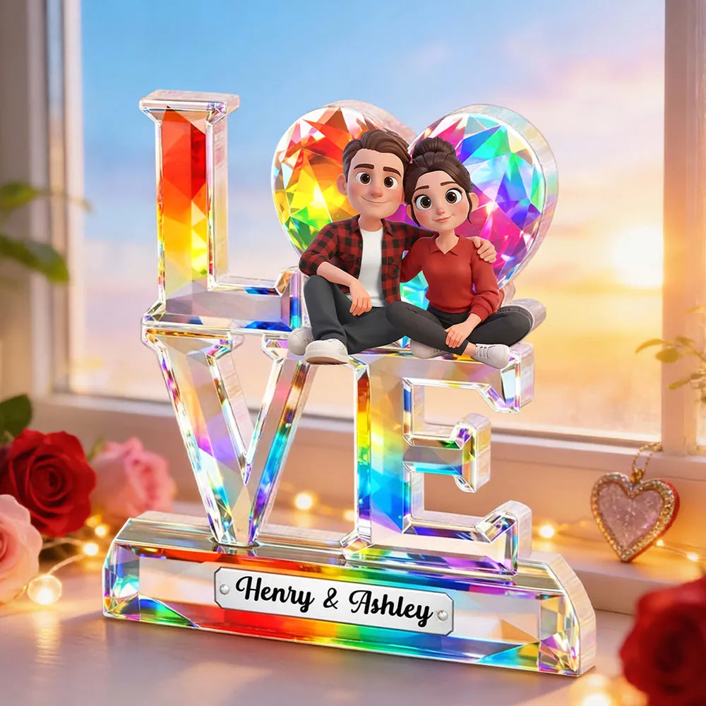 Personalized LOVE Shaped Acrylic Block Plaque With Cozy Sitting Couple, Rainbow Crystal Look Decor, Unique Gift For Her Or Him