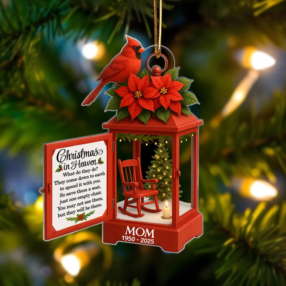 Acrylic Ornament Lantern Scene with Poinsettia and Candle – serene remembrance tree ornament, gift-ready memorial keepsake for Dad, Mom, and loved ones
