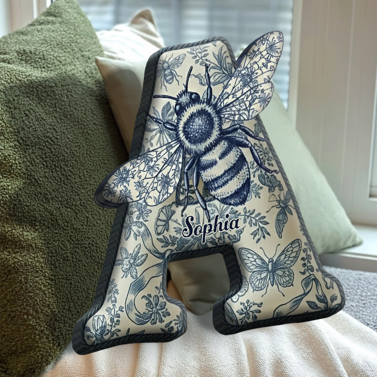Bee Toile De Jouy - Personalized Bee Faux Fur Shaped Pillow