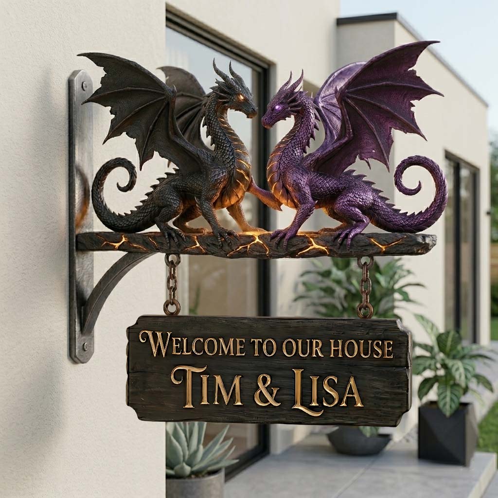 Dragon Couple Welcome Sign - Personalized Dragon Wooden Wall Mount Sign