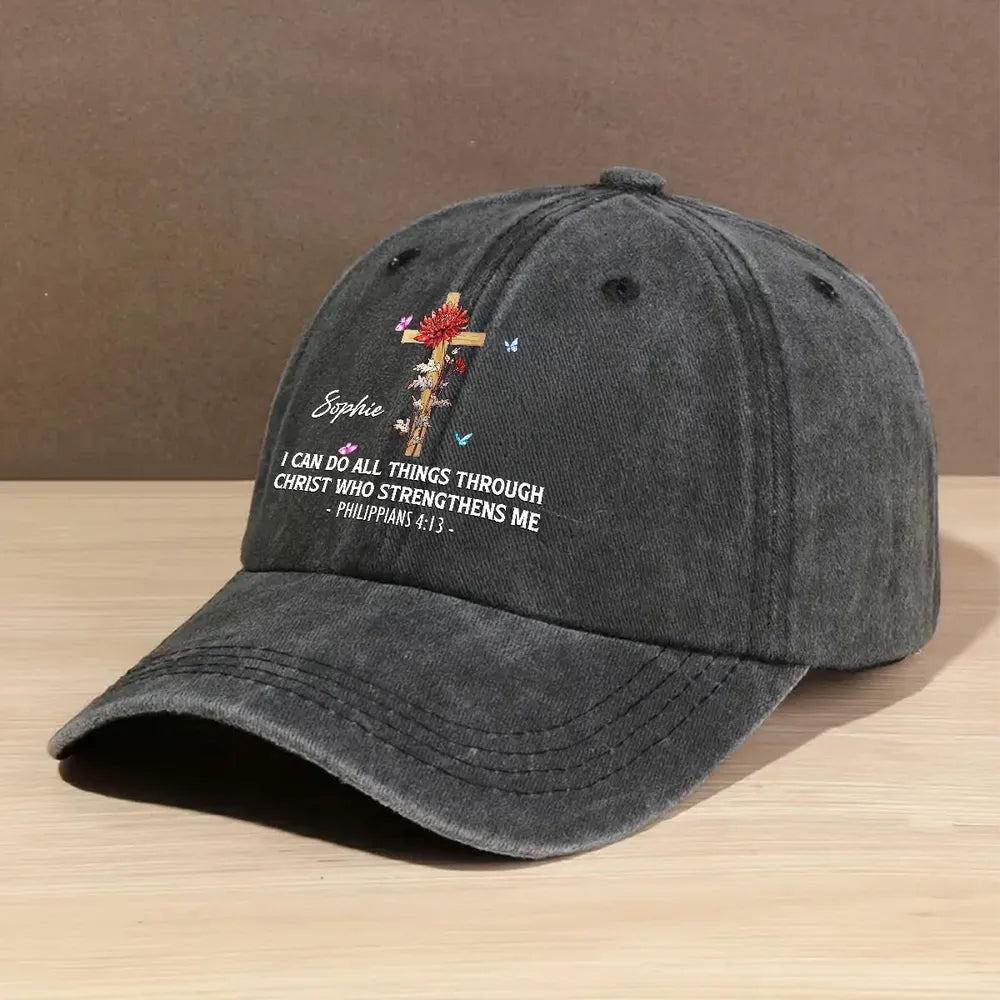 Personalized Washed Denim Baseball Cap With Faith Quote And Floral Cross Vintage Look Unique Christian Gift